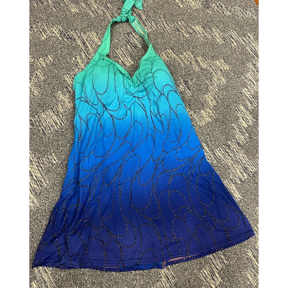 Islander SwimSuit Dress OnePiece Size10 Blue Green Ombre Shimmer Halter Vintage